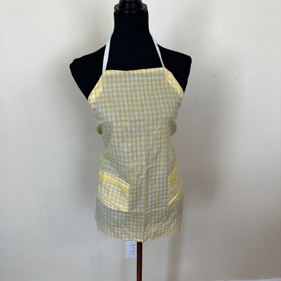 Vintage Womens Kitchen Apron Yellow and White Gingham Checker Waist Tie Pockets - Picture 8 of 8
